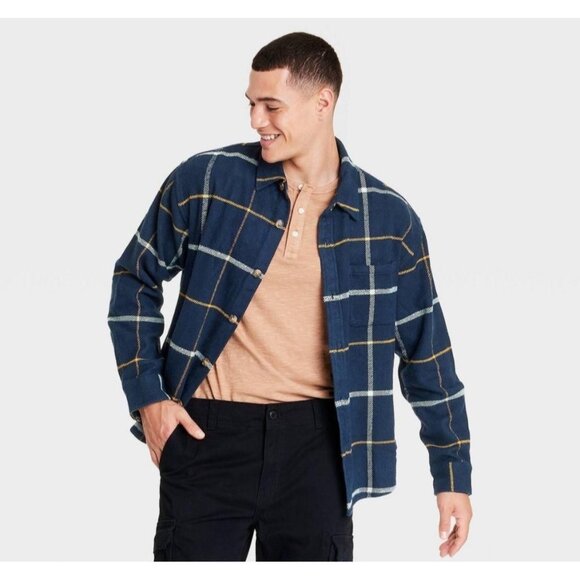 Goodfellow Medium Heavyweight Flannel Shirt Navy Yellow Windowpane - Picture 1 of 6